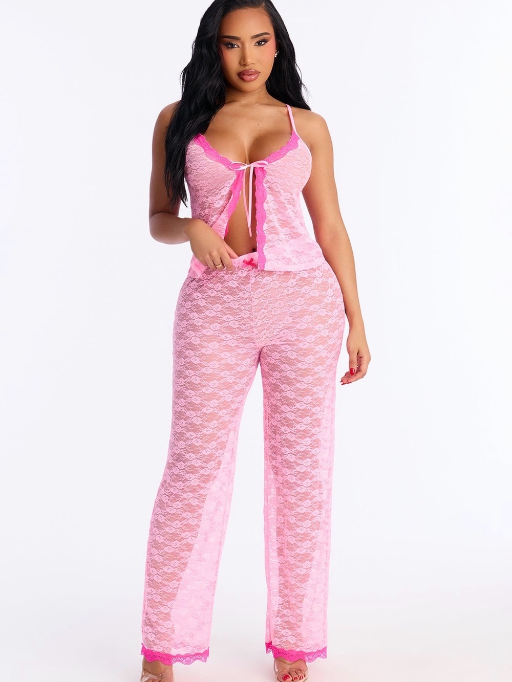 Fashion Nova Pink Lace Two-Piece Camisole & Pants Sleep Set
